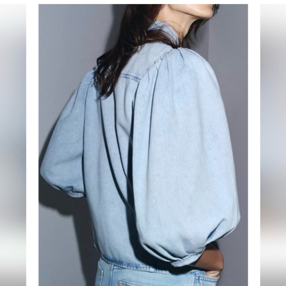 Zara NWT Light Blue Cotton Blend Denim Lapel Collar Puff Sleeve Blouse (Small) - Picture 5 of 8